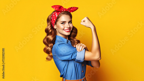 Girl next door type model dressed as Rosie the Riveter, flexing her muscles to show female strength