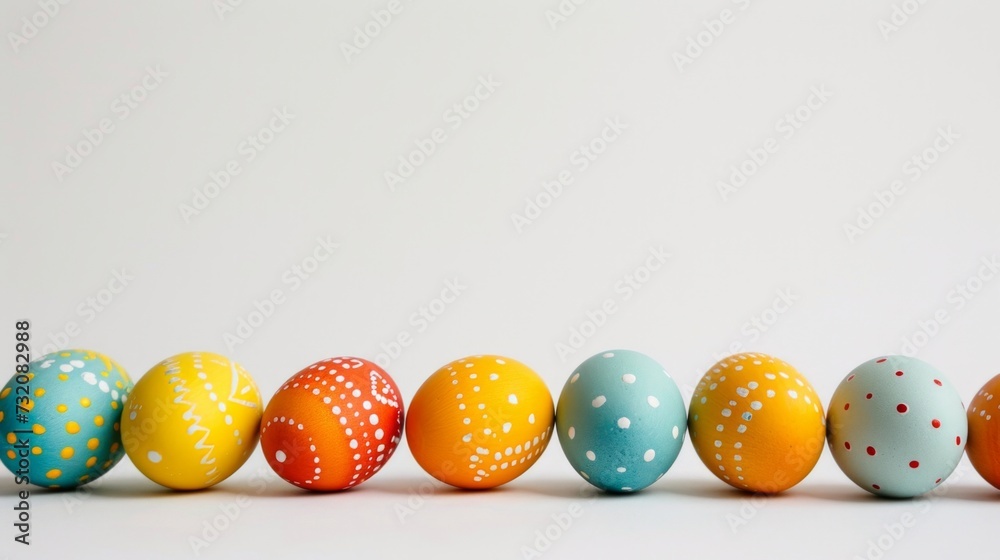 Minimalist photo highlighting colorful Easter eggs arranged gracefully on a white backdrop