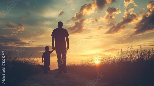 father and son walk hand in hand across a field against the backdrop of sunset