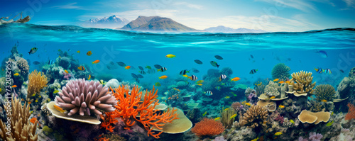 An enchanting coral reef ecosystem teeming with marine life, with a multitude of colors and forms, representing the diversity and complexity of ocean habitats. © stateronz