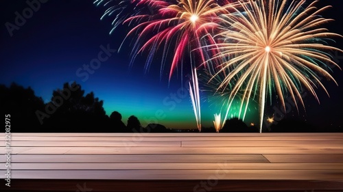Empty wooden table top with background of fireworks. Generated with AI © Elena