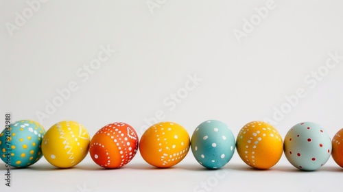 Minimalist photo highlighting colorful Easter eggs arranged gracefully on a white backdrop