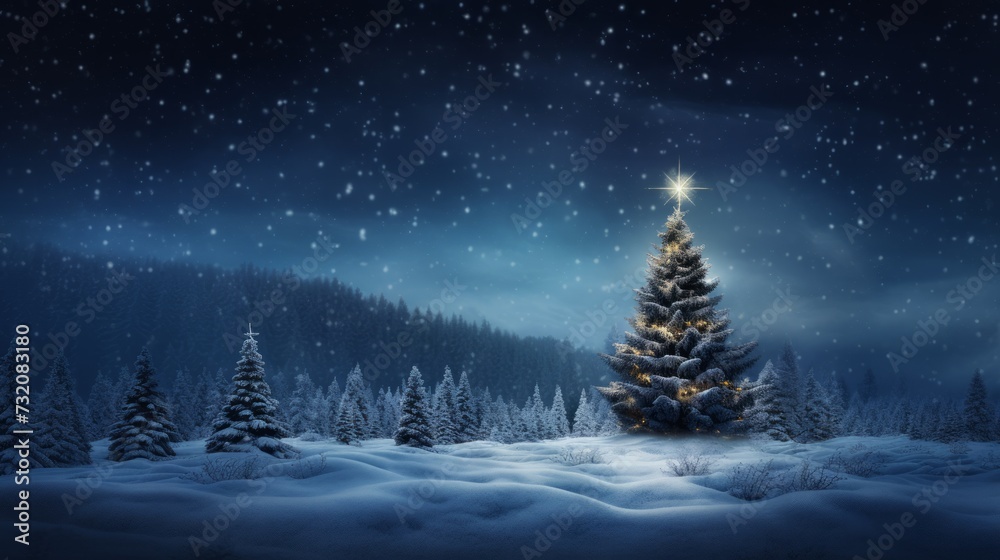 An illuminated Christmas tree shines majestically in a snowy meadow, encircled by a dense pine forest under a starry night sky.