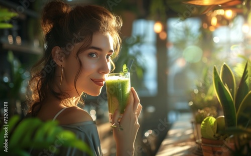 a woman is enjoying a glass of green smoothie in a healthy place