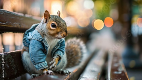A squirrel wearing a jacket sitting on a bench. Generative AI. © Natalia