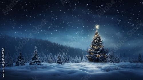 An illuminated Christmas tree shines majestically in a snowy meadow, encircled by a dense pine forest under a starry night sky.