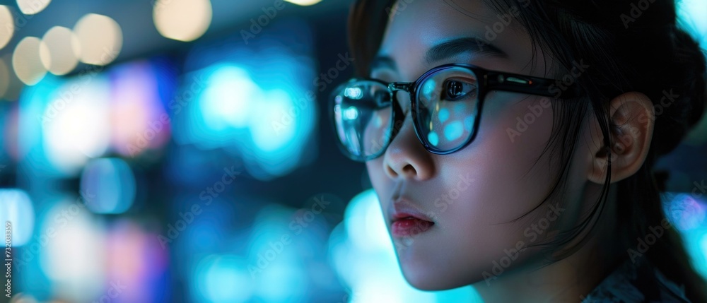 A woman wearing glasses in front of a screen. Generative AI. A woman wearing glasses in front of a screen. Generative AI.