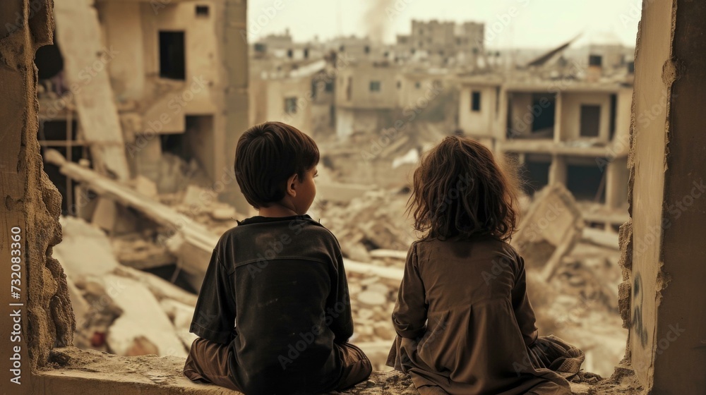 Two children sit on a window sill looking out at a destroyed city. Generative AI.