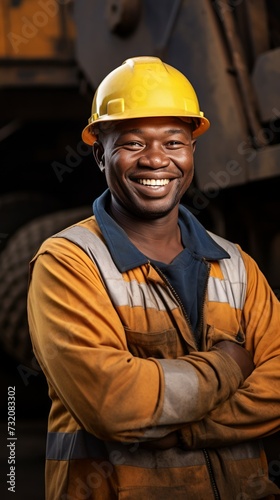 A smiling African man miner stands next to a large haul truck in his safety gear, arms folded. © vadymstock