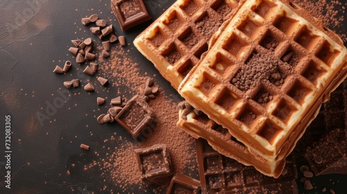 Subtle depiction of mouthwatering Belgian waffles dusted with cocoa powder.
