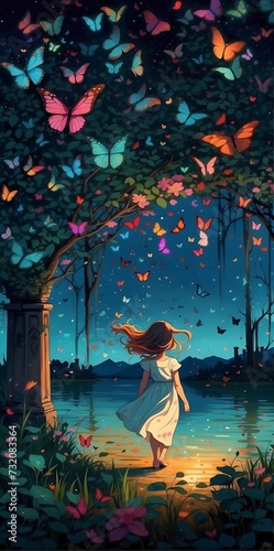 Animated Photo of a Girl by the River with Butterflies. AI-Enhanced Artwork featuring a Girl  River  and Fluttering Butterflies. girl walking on a river shore  digital art ai generared  animated photo
