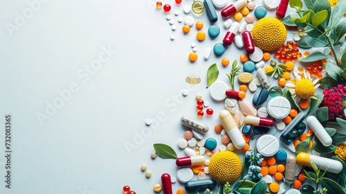Symmetrical layout of pharmaceutical icons on a clean background, representin...