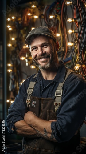 Smiling electrician against bokeh backdrop.