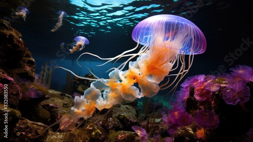 A group of jellyfish swimming in an aquarium. Generative AI.
