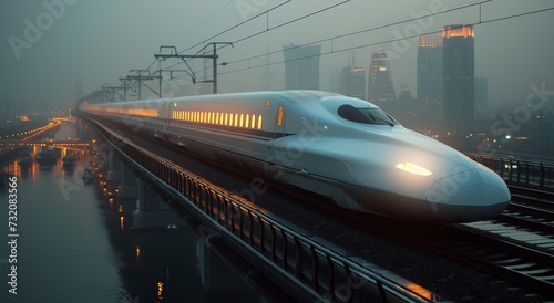 A sleek bullet train speeds through the foggy night, its rolling stock gliding effortlessly on the tracks towards the bustling transport hub of the train station