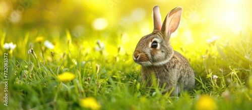 Cute rabbit animal sitting on meadow blur natural background. AI generated image © yusufadi