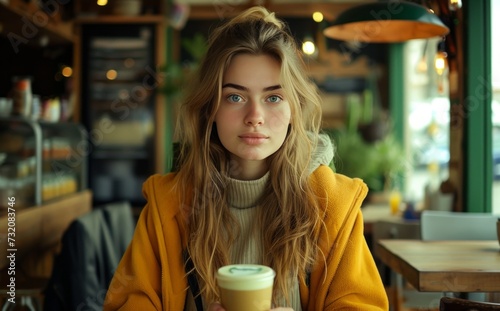a woman holding a smoothie sitting in a cafe
