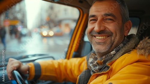 Engaging background with a friendly taxi driver, drawing viewers into the scene
