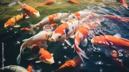 Japanese koi carp swim in an orange pond, surrounded by nature and aquatic life. © vadymstock