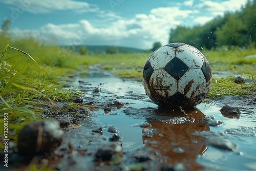 A muddy soccer ball lays abandoned in a puddle, symbolizing the struggle and resilience of the sport against the elements of nature © familymedia