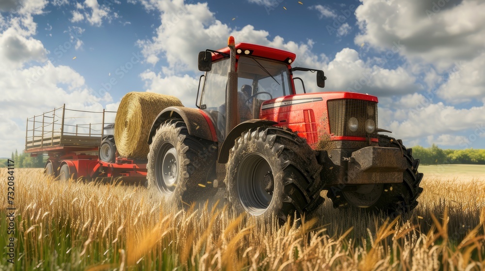 Obraz premium a farmer operating a tractor to load round hay bales onto a trailer, showcasing the agricultural process of harvesting and transporting straw bales with authentic realism and detail.