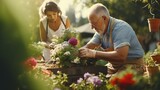 Senior couple tends garden. Landscape designers at work. Elderly man and woman care for flowers and plants.