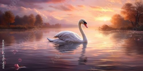One white swan at sunset, photo for poster. Romantic photo for Valentine's Day. Generative AI © 22_monkeyzzz