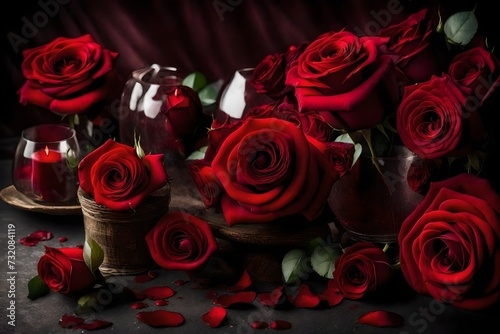  A Table of Enchanting Elegance, Adorned with a Background Set of Red Rose Flowers, Their Velvety Petals Gleaming like Precious Jewels in the Gentle Illumination of Flickering Candlelights, Inviting Y