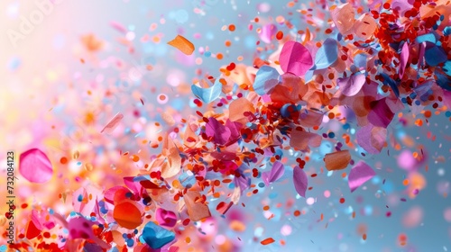 Minimalist backdrop enhanced by a cascade of vibrant confetti, adding energy and movement to the composition © olegganko