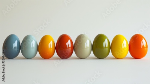 Minimalist photo highlighting colorful Easter eggs arranged gracefully on a white backdrop
