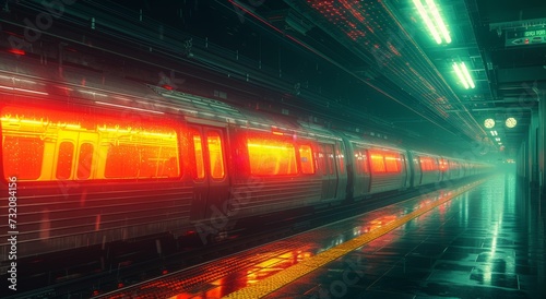 The vibrant glow of red lights illuminating the deserted train platform creates a sense of anticipation and longing for the rumbling subway train  fueled by electricity  to whisk passengers away to t