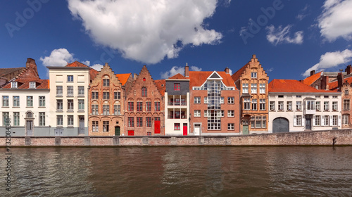 Panorama of Bruges canal with beautiful medieval houses, Belgium