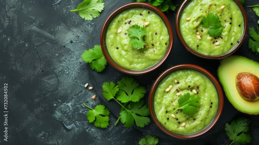 Clean and crisp image capturing the beauty of avocado gazpacho garnished with cilantro Clean and crisp image capturing the beauty of avocado gazpacho garnished with cilantro