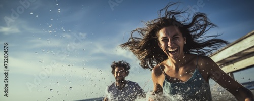 Joyful couple enjoys splashing each other while at sea, having fun together.