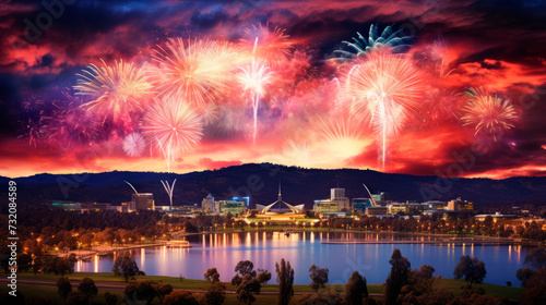 A vivid fireworks display above a cityscape at dusk, with colorful explosions reflecting in the water, suggesting celebration, urban life, and festive joy.