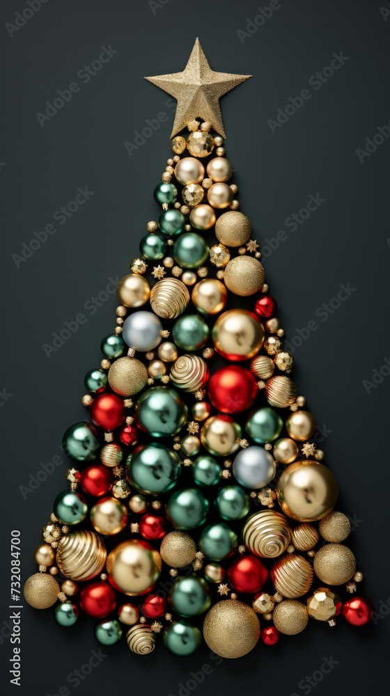 A Christmas tree outline created from holiday baubles with space for text. A Christmas tree outline created from holiday baubles with space for text.