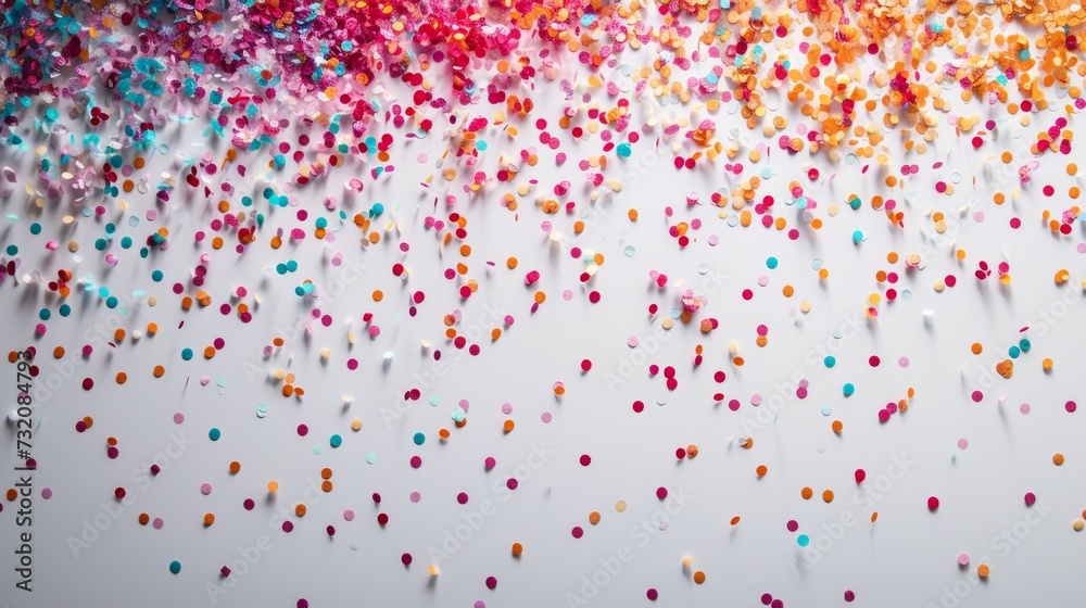 Minimalist backdrop enhanced by a cascade of vibrant confetti, adding energy and movement to the composition