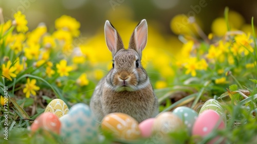 Clean and understated image of a bunny surrounded by Easter eggs for charming...