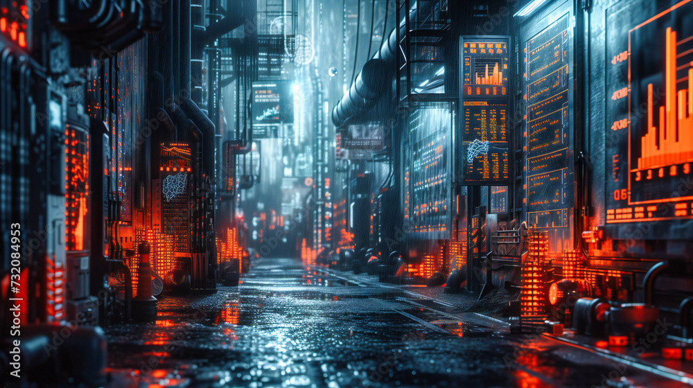 Urban City Night Scene, Artistic Representation with Lights and Dark Atmosphere