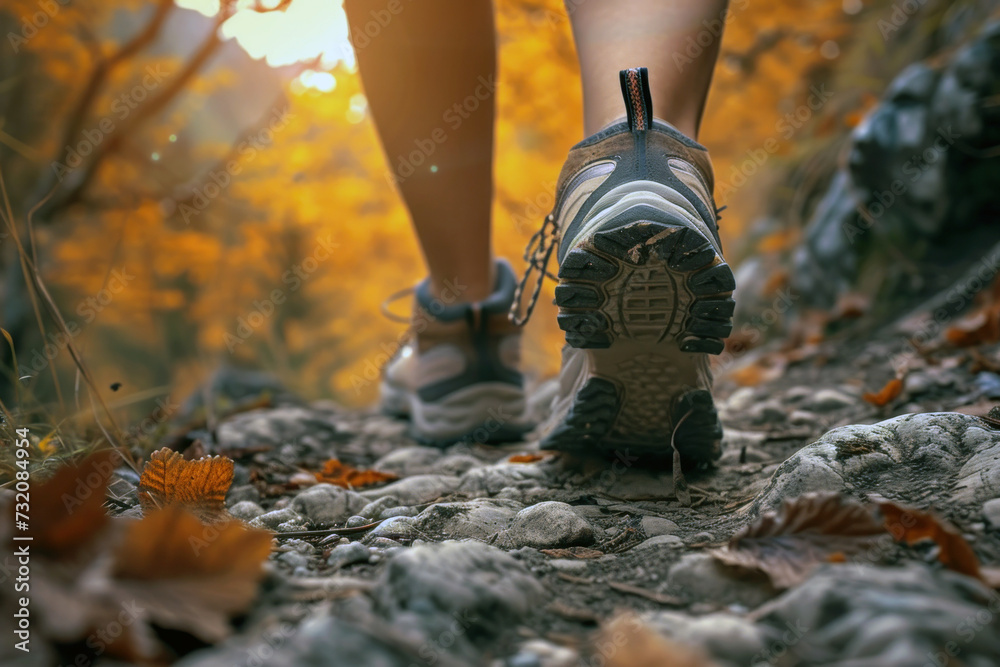 Man walks along a rocky path during sunrise against a natural landscape. View of a valley or hills in the open air and the serene beauty of nature Man walks along a rocky path during sunrise against a natural landscape. View of a valley or hills in the open air and the serene beauty of nature