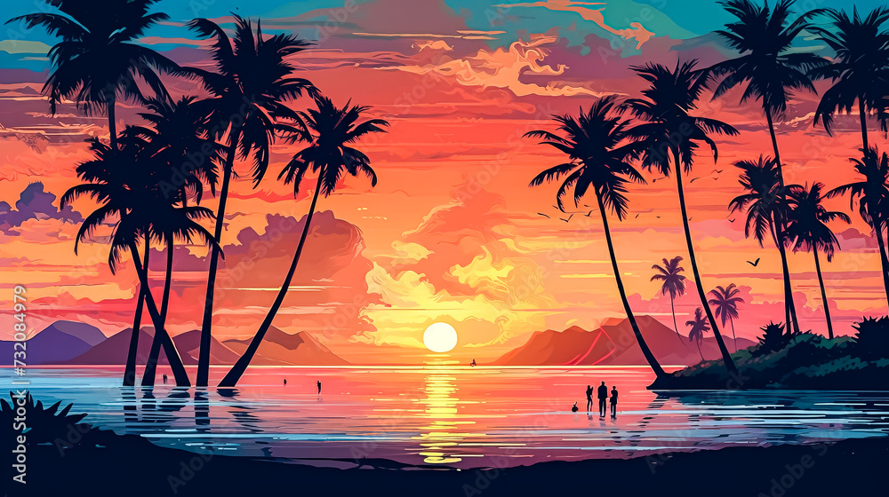 a stunning tropical landscape featuring a beautiful beach with palm trees at sunset.