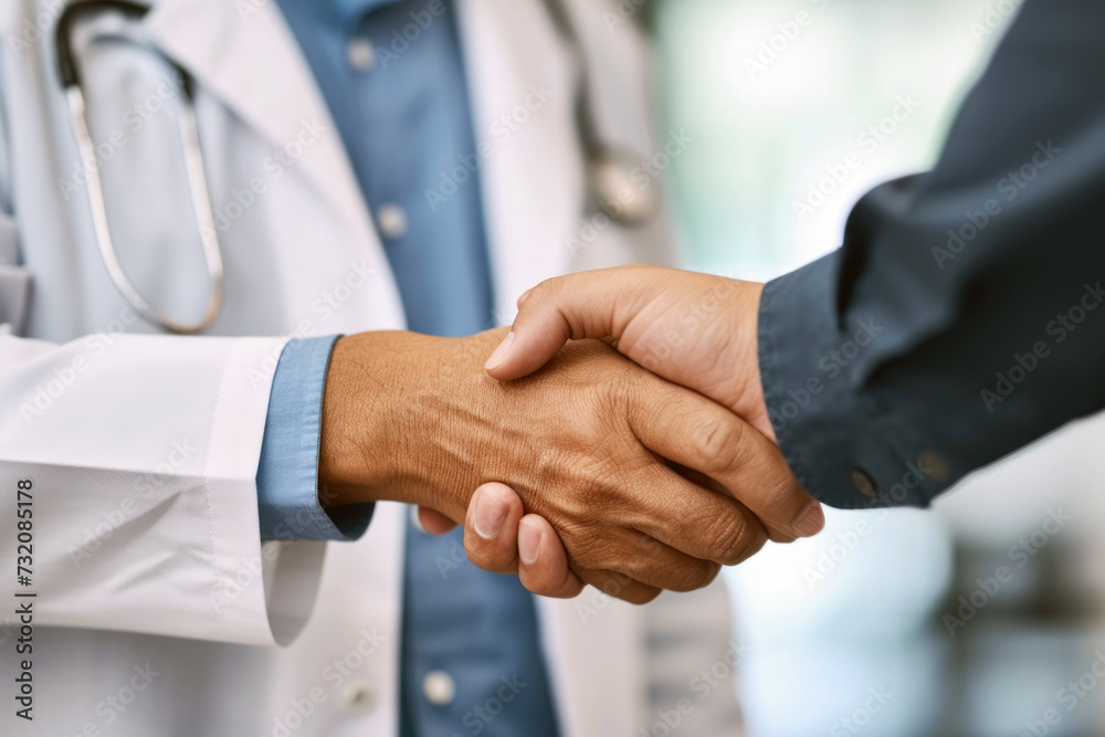 Two doctors shake hands. Agreement, partnership or professional relationship against a blurred background Two doctors shake hands. Agreement, partnership or professional relationship against a blurred background