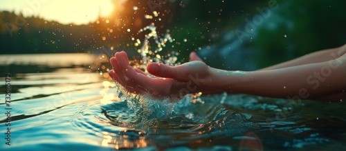 Female hand holding splash fresh pure water in the river or lake. AI generated image photo