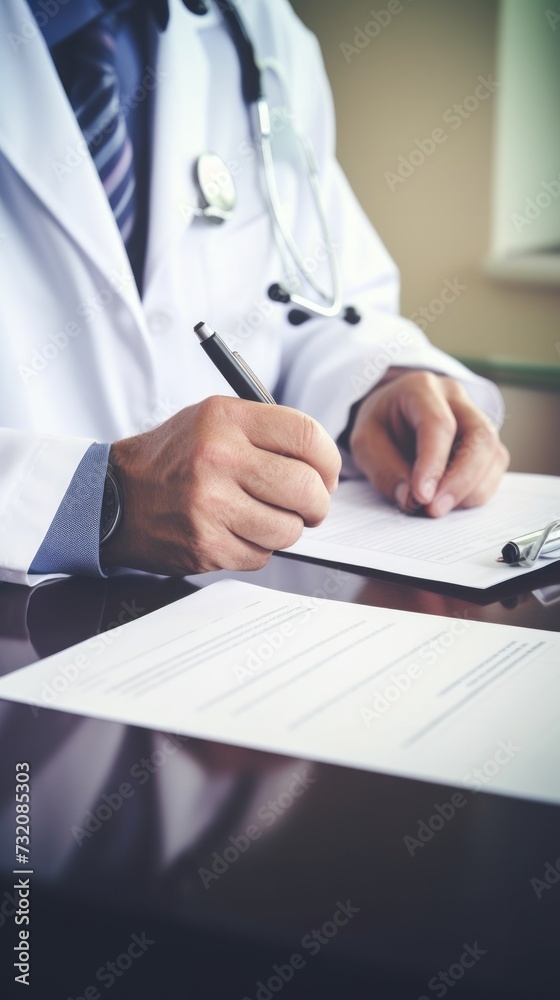 A healthcare professional's hands writing on paper at a hospital desk.