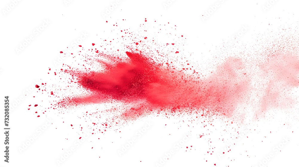 Red chalk pieces and dust flying, effect explode isolated on white background