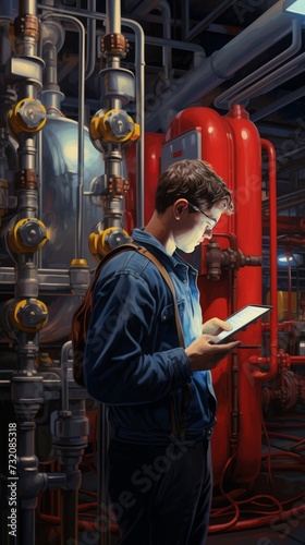 A factory worker oversees heating plant operations involving pipes, valves, and boiling.
