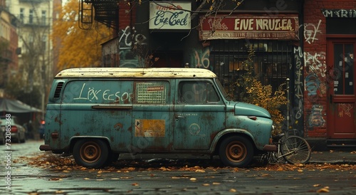 A vibrant blue van sits parked on a bustling city street, its wheels firmly planted on the ground as it blends into the urban landscape among other vehicles, its sign indicating its purpose as a mode