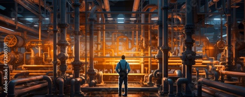 A factory worker oversees heating plant operations involving pipes, valves, and boiling. photo