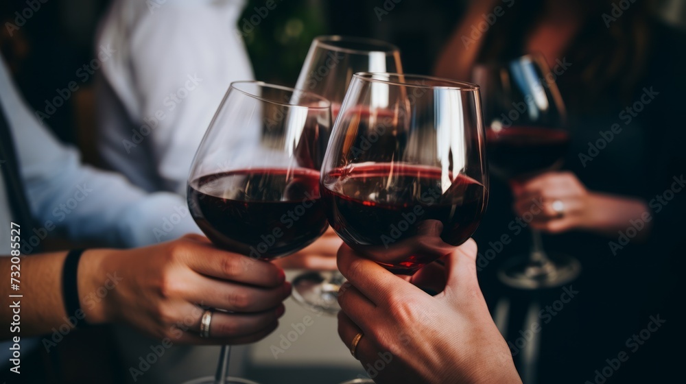 Friends raising glasses of red wine in celebration at a wedding.