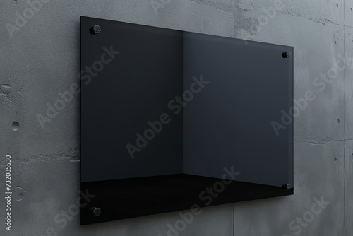 Blank black glass signboard on wall mockup. Empty hanging plexiglass name plate mockup. Clear dark namesign on wall for corporate or store. Generative AI photo